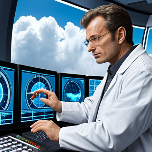 A scientist manipulating clouds with advanced technology in a futuristic weather control center, with a concerned expression, hinting at the potential risks and ethical dilemmas of weather modification.