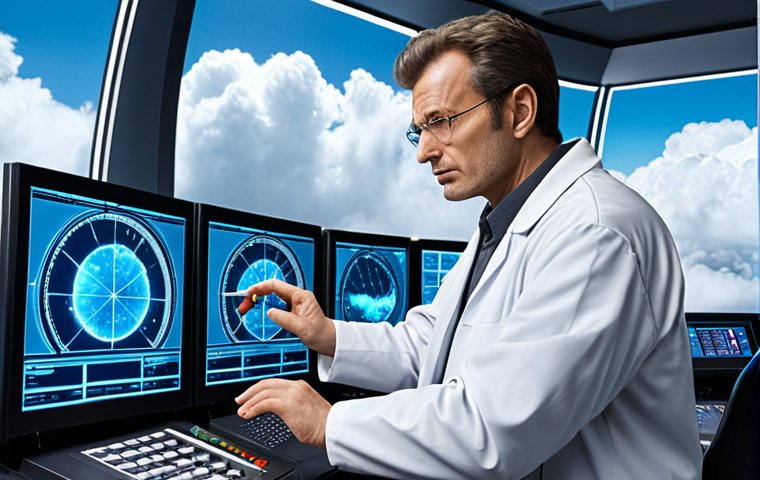 A scientist manipulating clouds with advanced technology in a futuristic weather control center, with a concerned expression, hinting at the potential risks and ethical dilemmas of weather modification.
