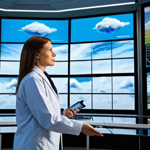A professional female meteorologist, fully clothed in a modest lab coat and appropriate attire, stands in a high-tech weather control center. She is looking intently at large holographic displays showing intricate weather patterns, cloud formations, and data visualizations. A futuristic drone designed for cloud seeding is visible through a panoramic window in the background, hovering near a cloud bank. The scene emphasizes precision and scientific innovation in weather management. Natural pose, perfect anatomy, correct proportions, well-formed hands, proper finger count, natural body proportions. Professional photography, high quality, safe for work, appropriate content, family-friendly.